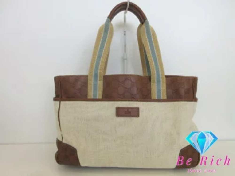 Gucci Handbag Tote Bag GG Shima Leather Canvas Beige Brown